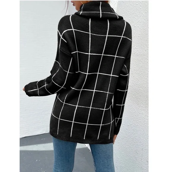 Black Grid Printed Long Sweater Plaid Pattern Split Sides Pullover Turtleneck - Picture 5 of 14